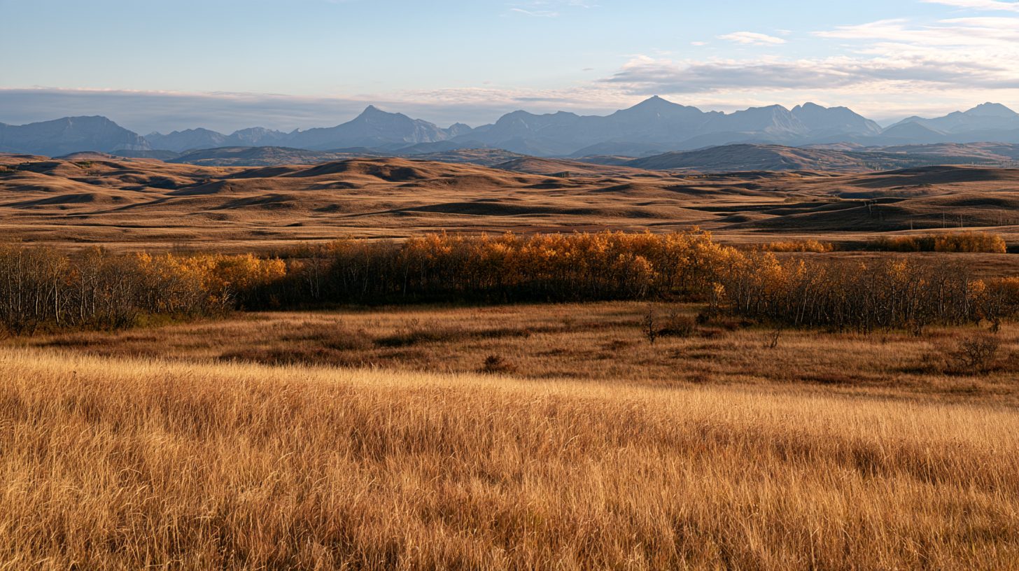 Alberta foothills in late autumn: rolling aspen parkland and golden dry grass, with the Rocky Mountains on the horizon.