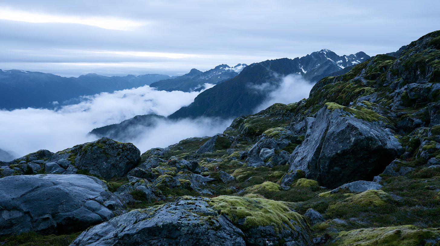 A coastal British Columbia ridge above the treeline at dawn, wet granite and moss in the foreground with cloud filling the valley below.