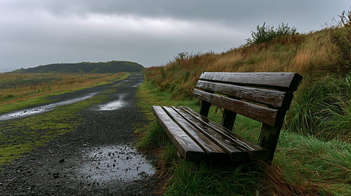 A weathered wooden bench beside a gravel path on an overcast morning, damp grass either side.