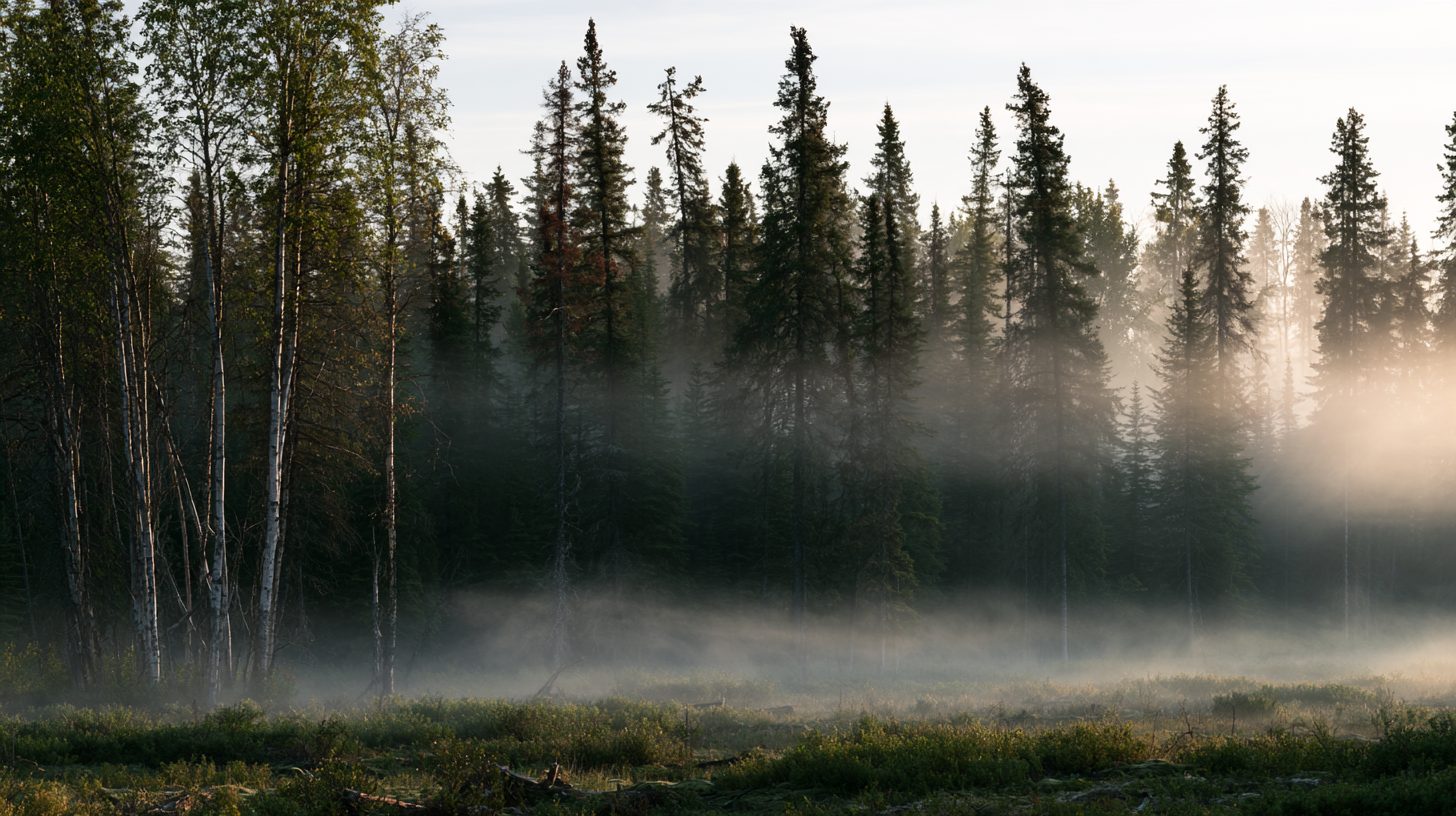 Canadian boreal forest edge at first light, low mist lying over a cut line between spruce and birch.