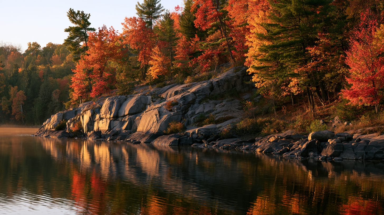 A northern Ontario lake in October, granite outcrop at the shoreline and mixed hardwood forest in red and amber.